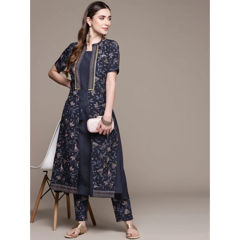 Generic Women's Casual Half Sleeve Ethnic Motifs Crepe Kurti and Pant Set (Navy Blue)