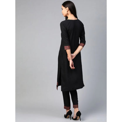 Generic Women's Casual 3-4Th Sleeve Solid Crepe Kurti and Pant Set (Black)