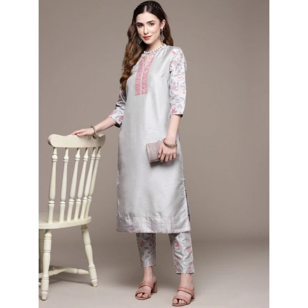 Generic Women's Casual 3-4Th Sleeve Solid Poly Silk Kurti and Pant Set (Light Grey)