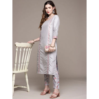 Generic Women's Casual 3-4Th Sleeve Geometric Poly Silk Kurti and Pant Set (Light Grey)