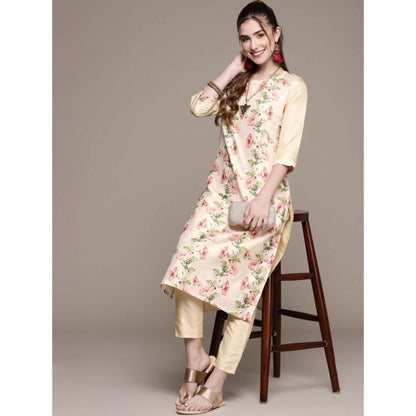 Generic Women's Casual 3-4Th Sleeve Floral Printed Poly Silk Kurti and Pant Set (Cream)