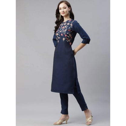 Generic Women's Casual 3-4Th Sleeve Floral Printed Rayon Kurti And Pant Set (Navy Blue)