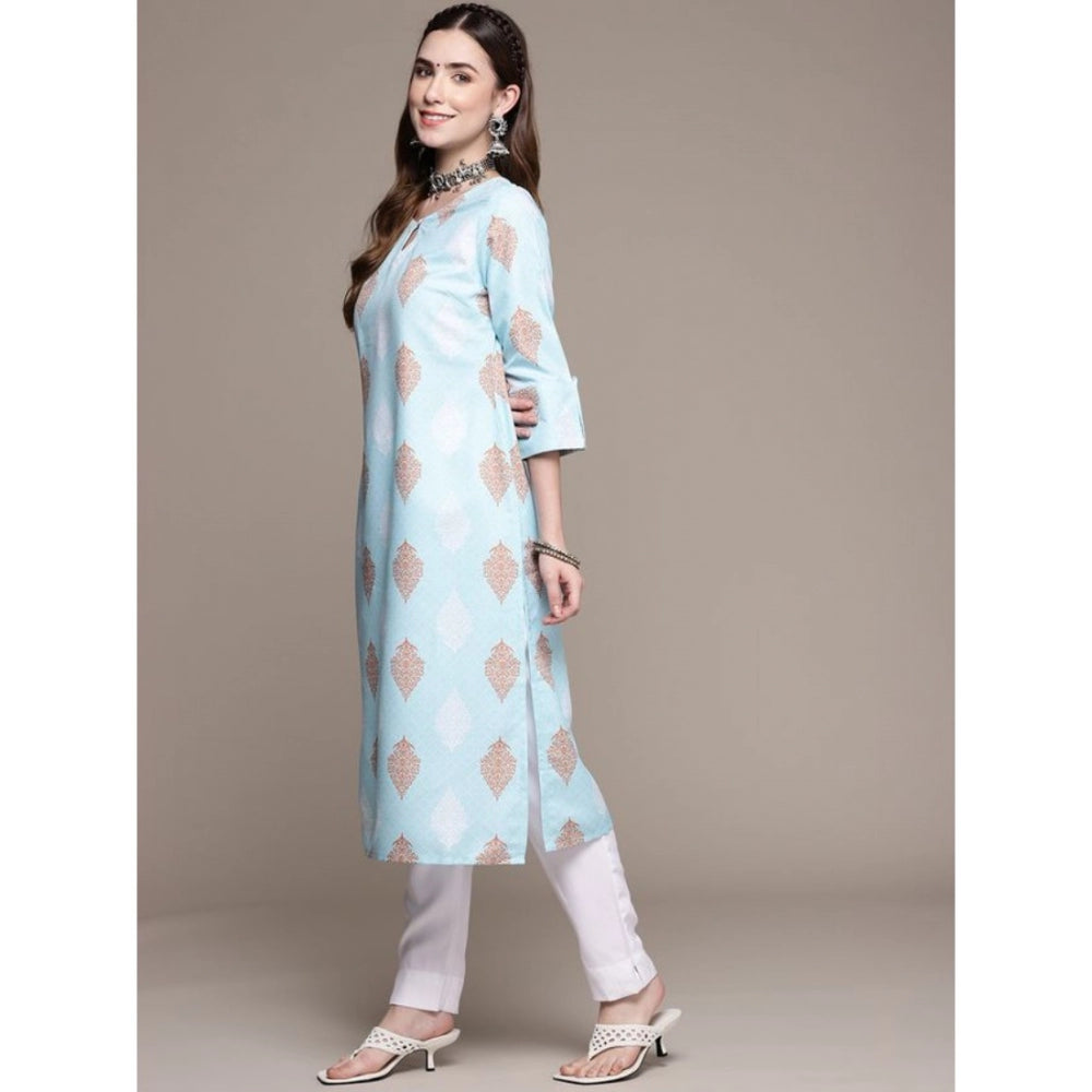 Generic Women's Casual 3-4Th Sleeve Ethnic Motifs Rayon Kurti And Pant Set (Sky Blue)