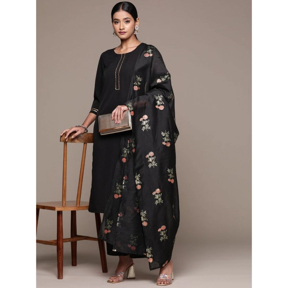 Generic Women's Casual 3-4Th Sleeve Ethnic Motifs Crepe Kurti Palazzo And Dupatta Set (Black)