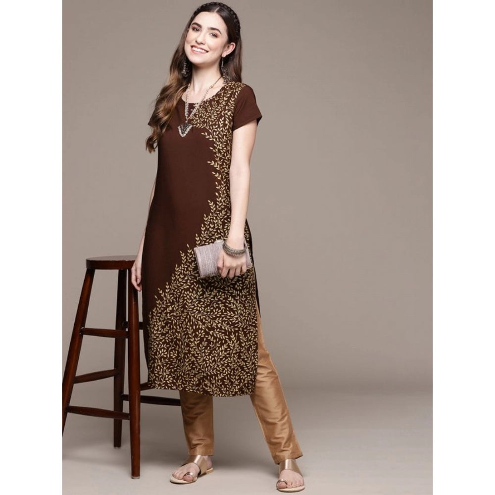 Generic Women's Casual Short Sleeves Floral Printed Crepe Kurti (Brown)