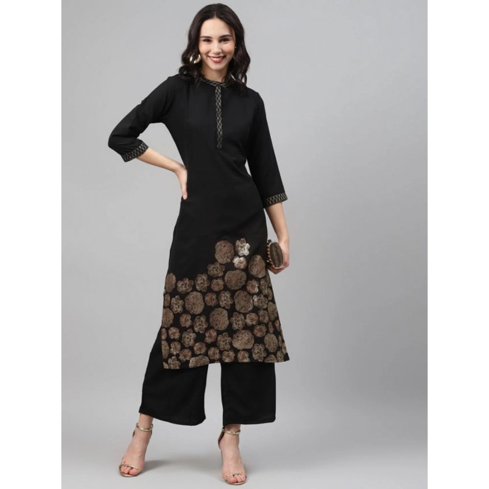 Generic Women's Casual 3-4Th Sleeve Ethnic Motifs Crepe Kurti And Palazzo Set (Black)