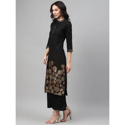 Generic Women's Casual 3-4Th Sleeve Ethnic Motifs Crepe Kurti And Palazzo Set (Black)