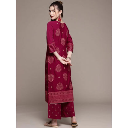 Generic Women's Casual 3-4Th Sleeve Floral /Ethnic Motifs Crepe Kurti And Palazzo Set (Dark Pink)