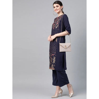 Generic Women's Casual 3-4Th Sleeve Floral Printed Crepe Kurti And Palazzo Set (Navy Blue)