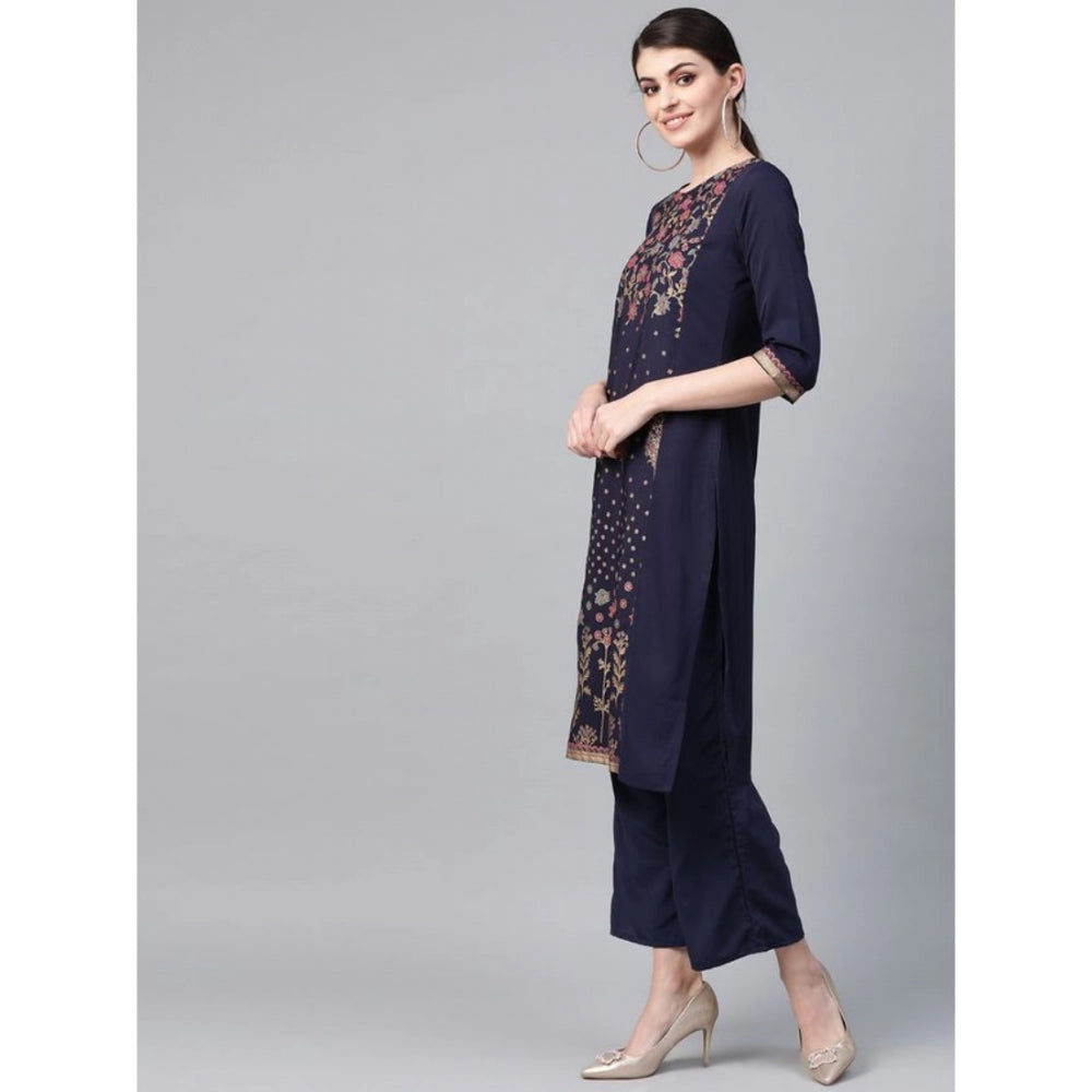 Generic Women's Casual 3-4Th Sleeve Floral Printed Crepe Kurti And Palazzo Set (Navy Blue)