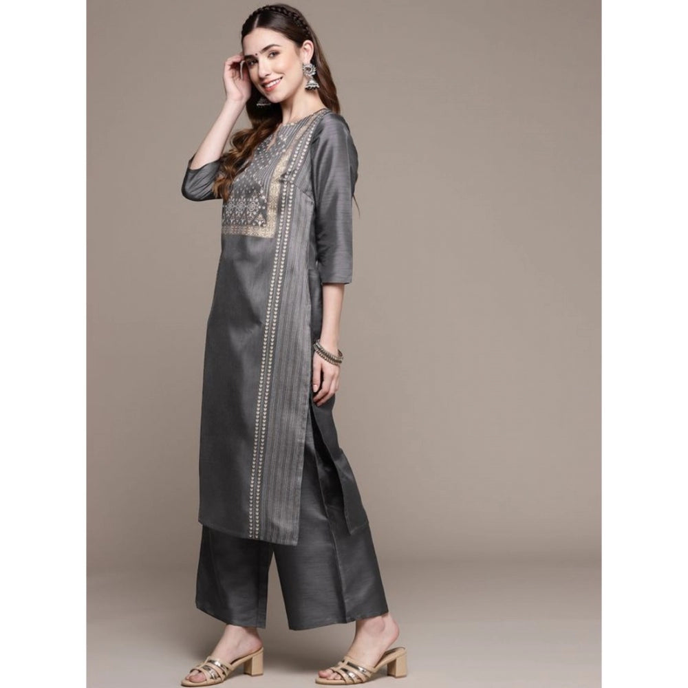 Generic Women's Casual 3-4Th Sleeve Ethnic Motifs Poly Silk Kurti And Palazzo Set (Dark Grey)