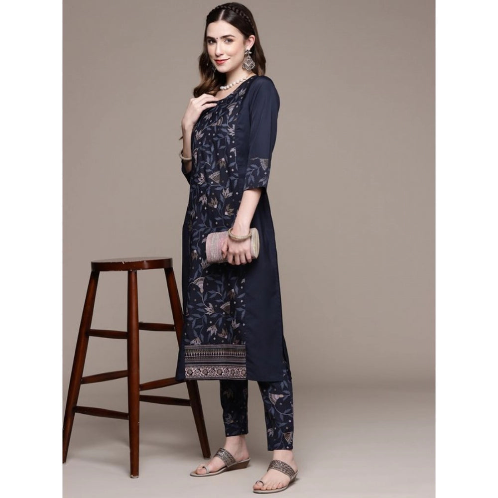 Generic Women's Casual 3-4Th Sleeve Floral Printed Crepe Kurti and Pant Set (Navy Blue)