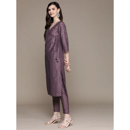 Generic Women's Casual 3-4Th Sleeve Small Butti Chinon Kurti And Pant Set (Purple)