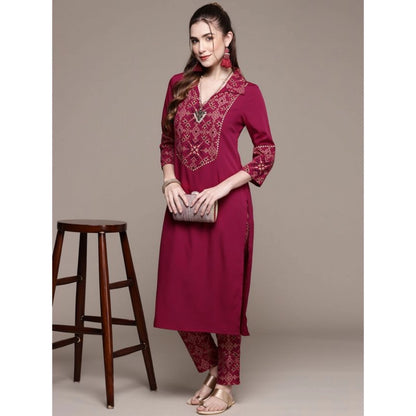 Generic Women's Casual 3-4Th Sleeve Geometric Crepe Kurti and Pant Set (Maroon)