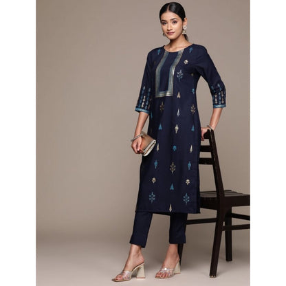 Generic Women's Casual 3-4Th Sleeve Floral Printed Rayon Kurti And Pant Set (Navy Blue)