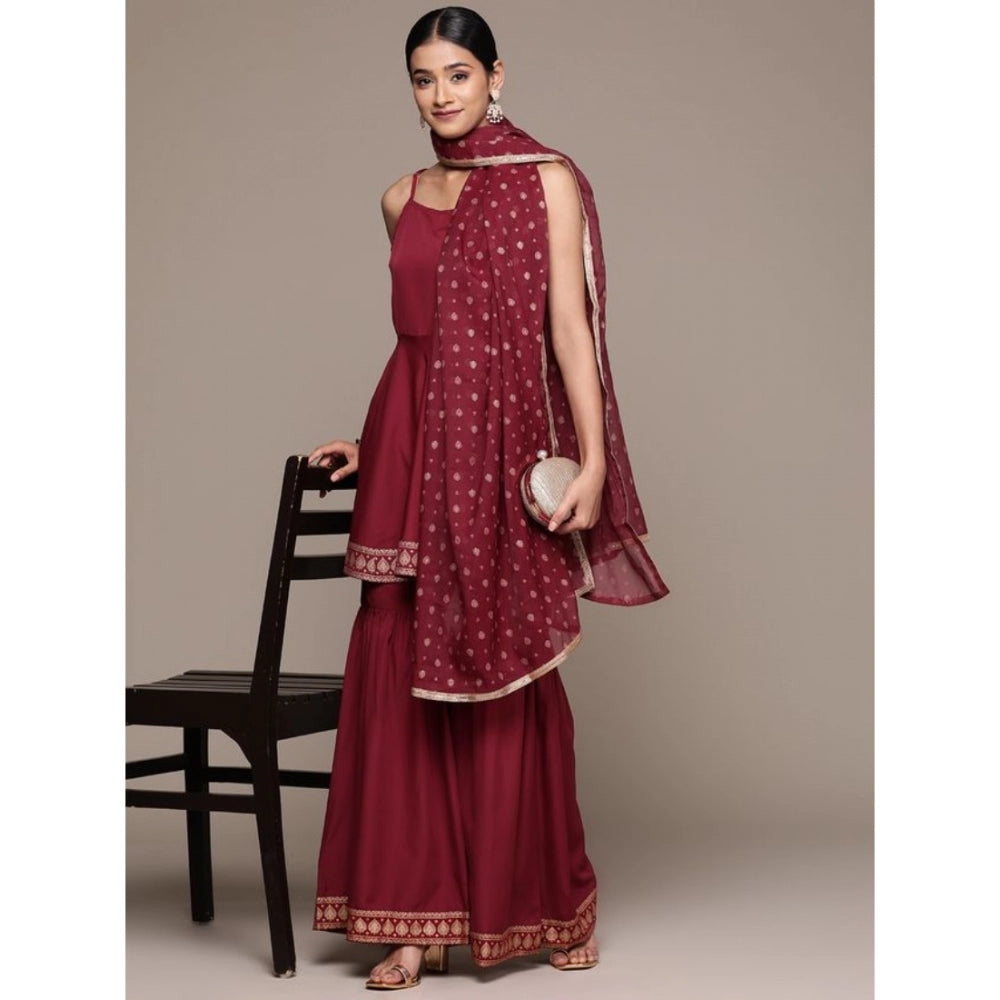 Generic Women's Casual Sleeveless Ethnic Motifs Crepe Kurti Sharara And Dupatta Set (Maroon)