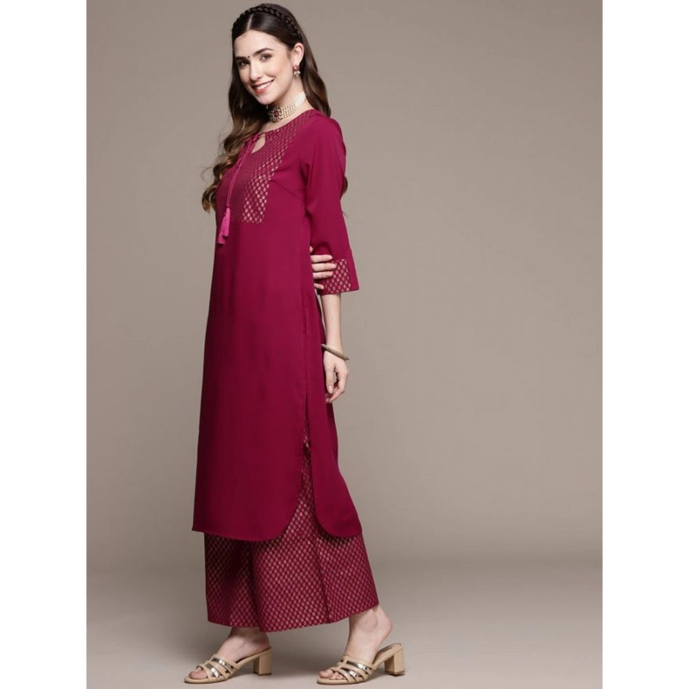 Generic Women's Casual Full Sleeve Ethnic Motifs Crepe Kurti and Palazzo Set (Dark Pink)