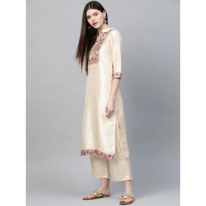 Generic Women's Casual 3-4Th Sleeve Ethnic Motifs Poly Silk Kurti and Palazzo Set (Cream)