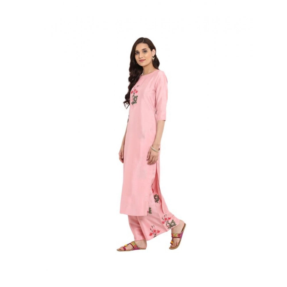 Generic Women's Casual 3-4Th Sleeve Floral Printed Poly Silk Kurti and Palazzo Set (Pink)