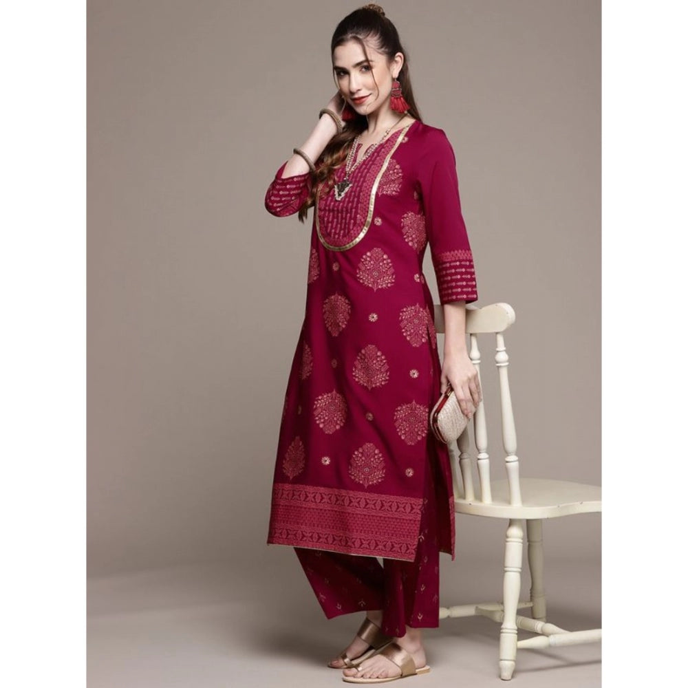 Generic Women's Casual 3-4Th Sleeve Floral /Ethnic Motifs Crepe Kurti And Palazzo Set (Dark Pink)