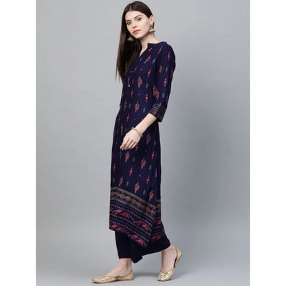 Generic Women's Casual 3-4Th Sleeve Ikkat Rayon Kurti and Palazzo Set (Navy Blue)