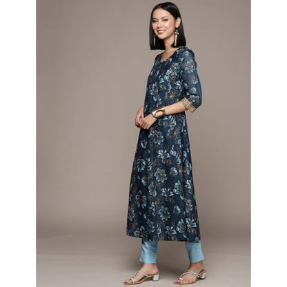 Generic Women's Casual 3-4Th Sleeve Floral Printed Chanderi Cotton Kurti And Pant Set (Navy Blue)