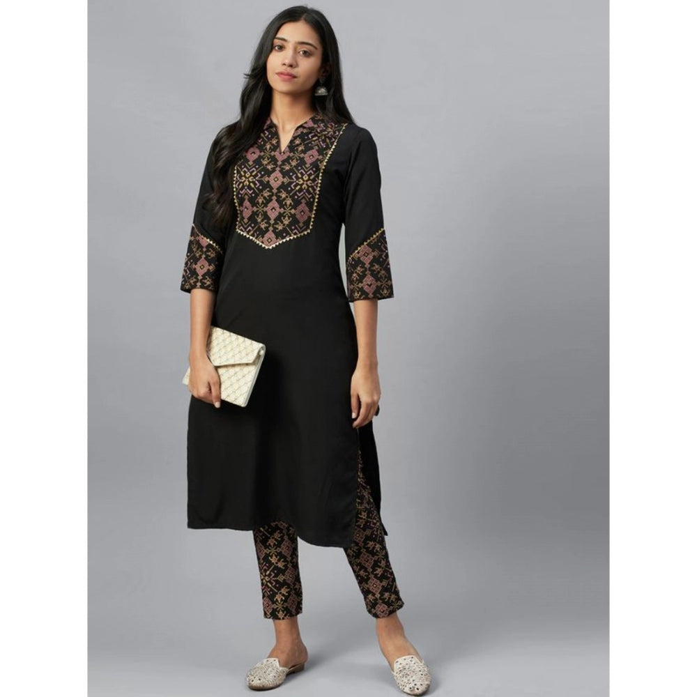 Generic Women's Casual 3-4Th Sleeve Geometric Crepe Kurti and Pant Set (Black)