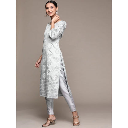 Generic Women's Casual 3-4Th Sleeve Floral Printed Poly Silk Kurti and Pant Set (Light Grey)