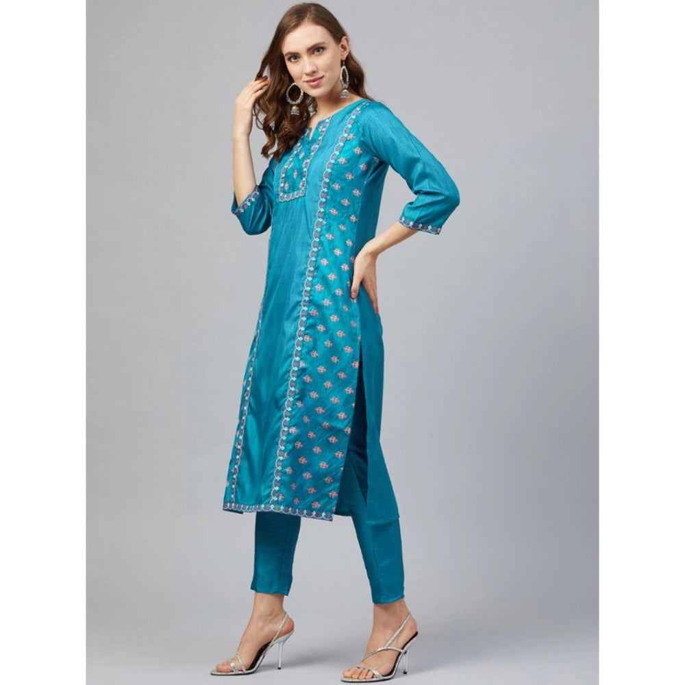 Generic Women's Casual 3-4Th Sleeve Floral Printed Poly Silk Kurti and Pant Set (Blue)