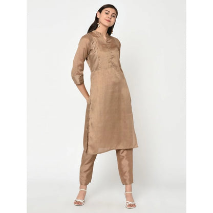 Generic Women's Casual 3-4Th Sleeve Solid Poly Silk Kurti and Pant Set (Brown)