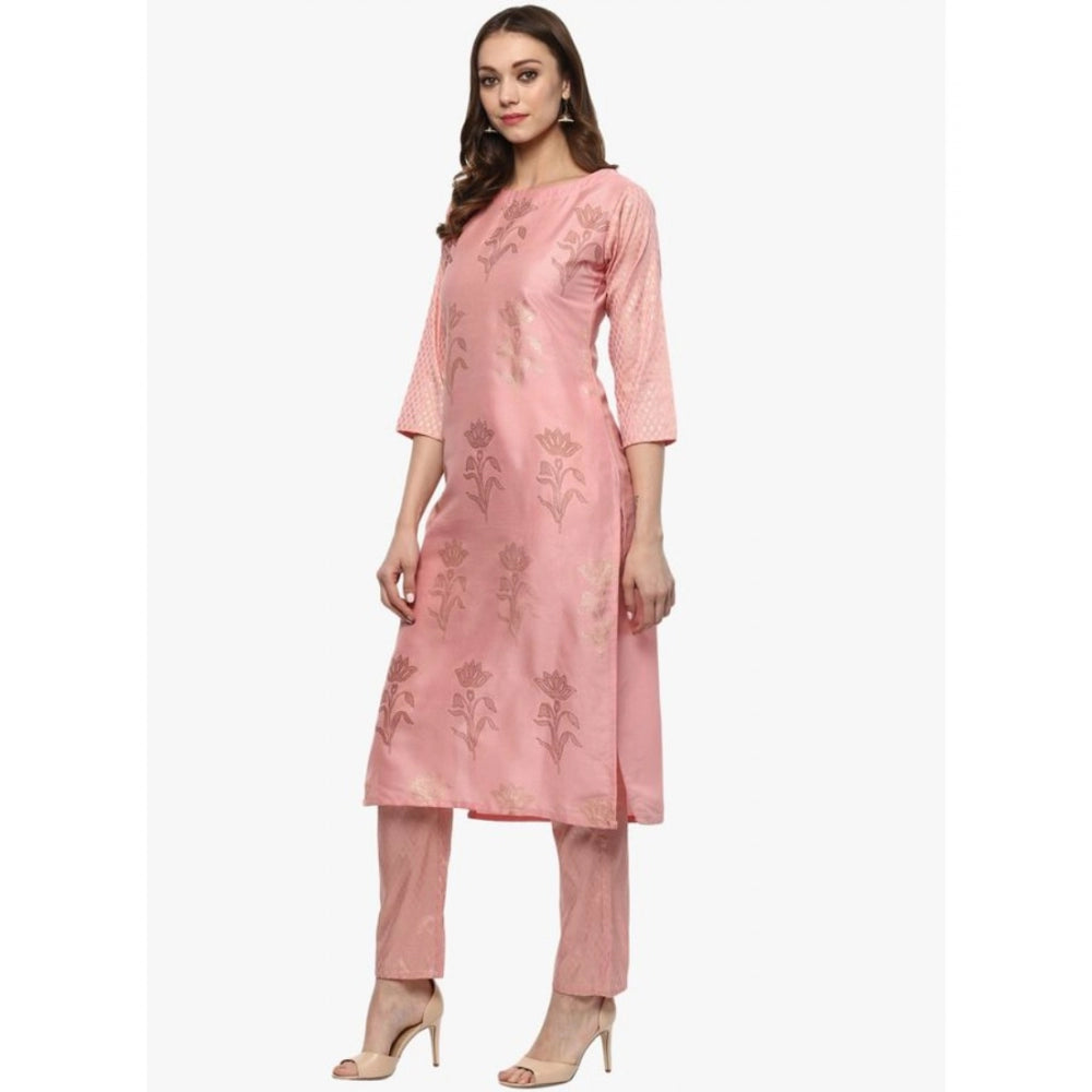 Generic Women's Casual 3-4Th Sleeve Floral Printed Poly Silk Kurti and Pant Set (Pink)