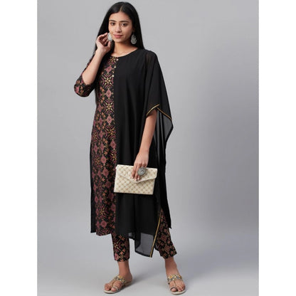 Generic Women's Casual Half Sleeve Ethnic Motifs Georgette &amp; Crepe Kurti and Pant Set (Black)