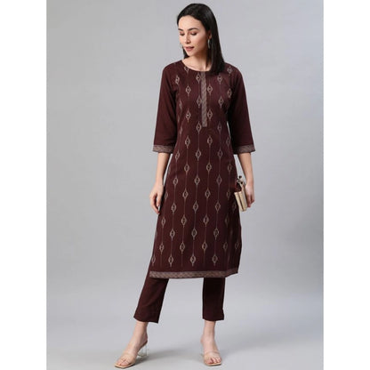 Generic Women's Casual 3-4Th Sleeve Ethnic Motifs Rayon Kurti And Pant Set (Brown)