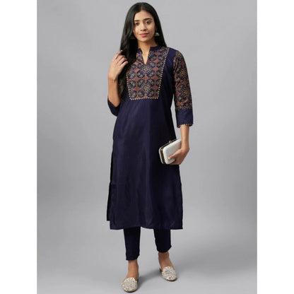 Generic Women's Casual 3-4Th Sleeve Ethnic Motifs Poly Silk Kurti and Pant Set (Blue)