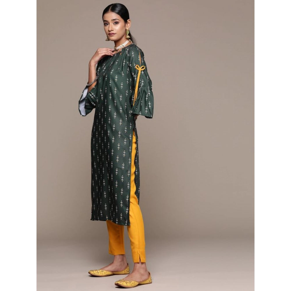 Generic Women's Casual 3-4Th Sleeve Ethnic Motifs Rayon Kurti And Pant Set (Bottle Green)