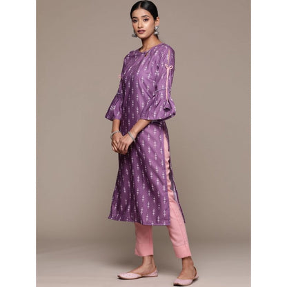 Generic Women's Casual 3-4Th Sleeve Ethnic Motifs Rayon Kurti And Pant Set (Lavender)