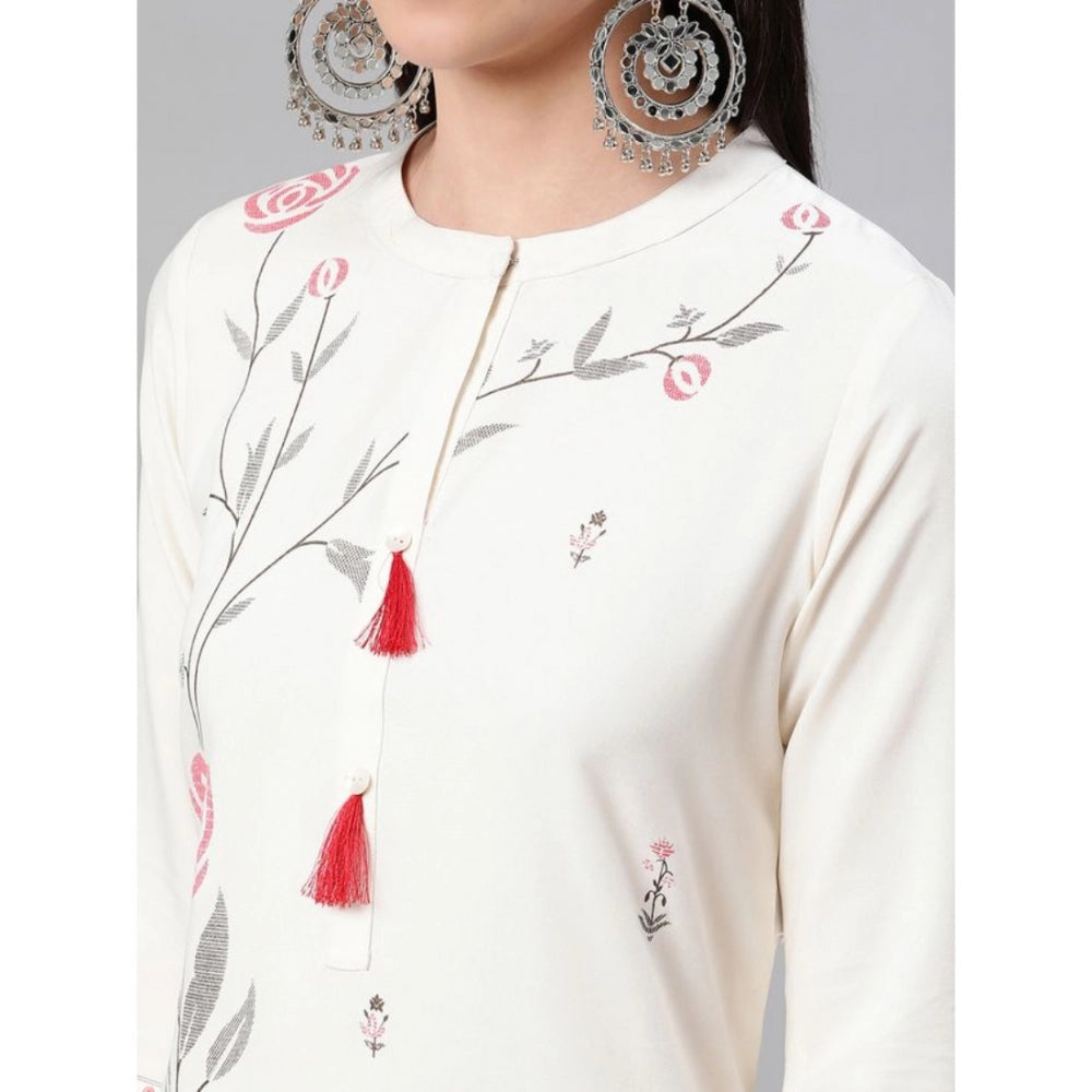 Generic Women's Casual 3-4Th Sleeve Floral Printed Rayon Kurti And Pant Set (Cream)