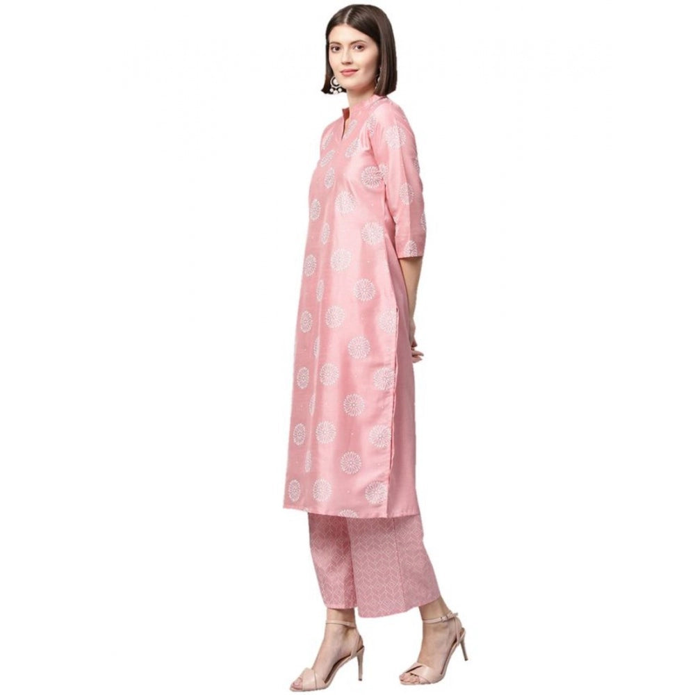 Generic Women's Casual 3-4Th Sleeve Floral Printed Poly Silk Kurti And Palazzo Set (Pink)