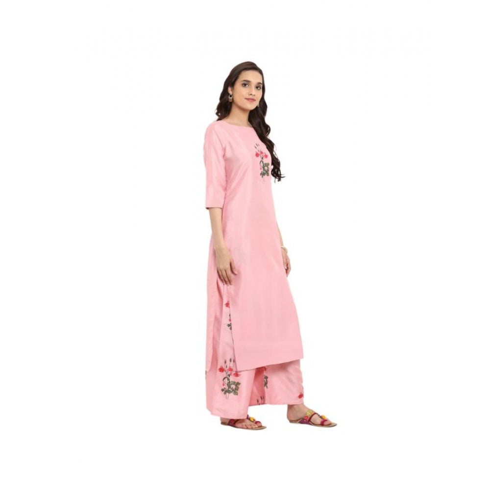 Generic Women's Casual 3-4Th Sleeve Floral Printed Poly Silk Kurti and Palazzo Set (Pink)