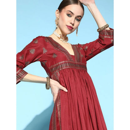 Generic Women's Casual 3-4Th Sleeve Floral Printed Chinon Kurti And Pant Set (Maroon)