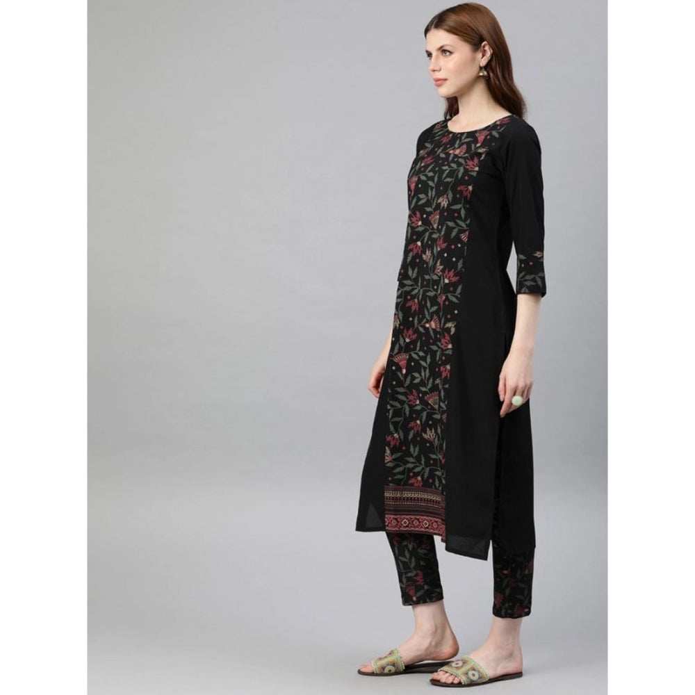 Generic Women's Casual 3-4Th Sleeve Floral Printed Crepe Kurti and Pant Set (Black)