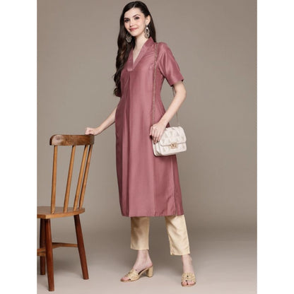 Generic Women's Casual Half Sleeve Solid Chinon Kurti And Pant Set (Brown)