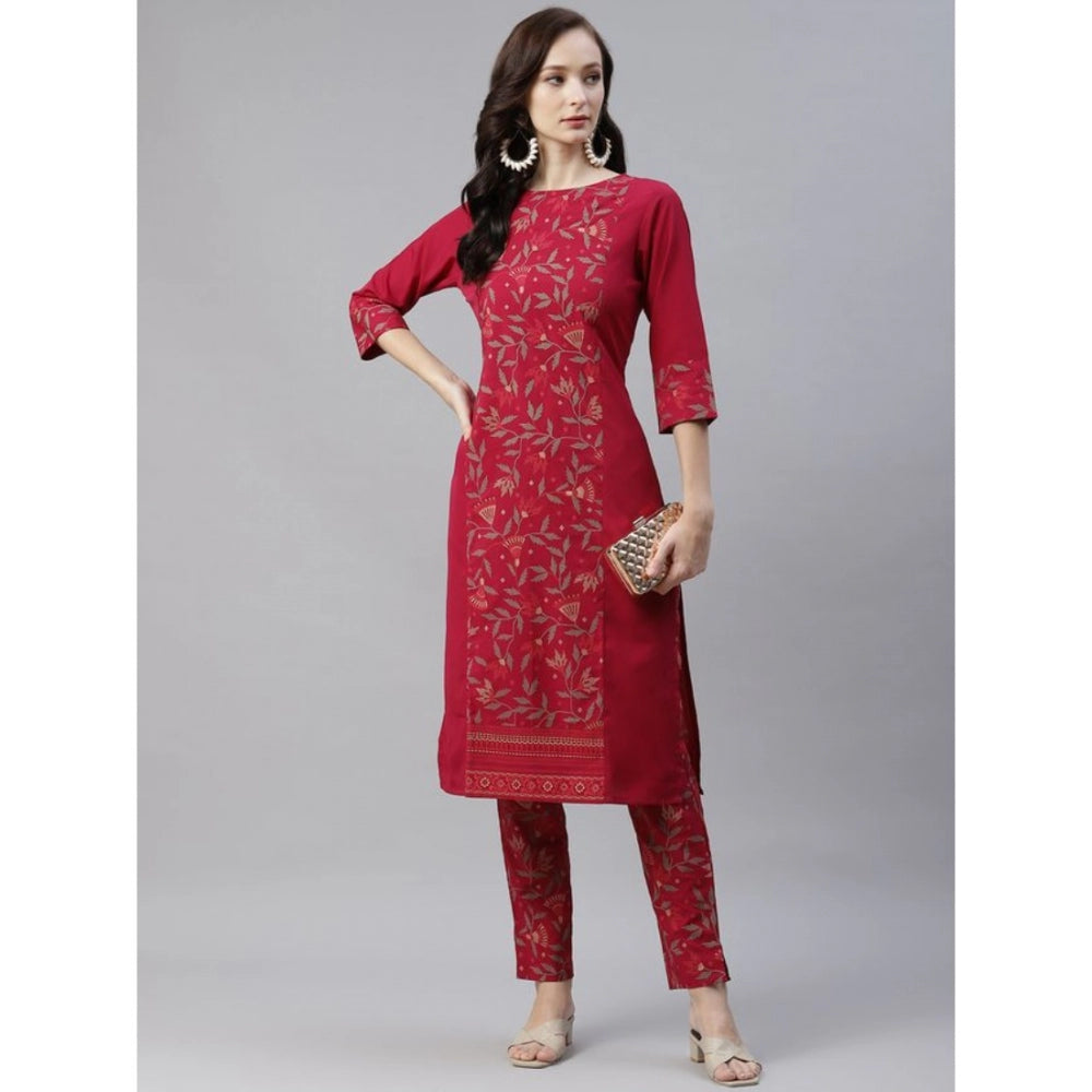 Generic Women's Casual 3-4Th Sleeve Floral Printed Crepe Kurti And Pant Set (Maroon)