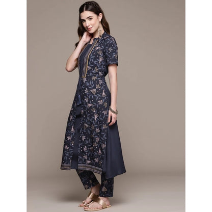 Generic Women's Casual Half Sleeve Ethnic Motifs Crepe Kurti and Pant Set (Navy Blue)