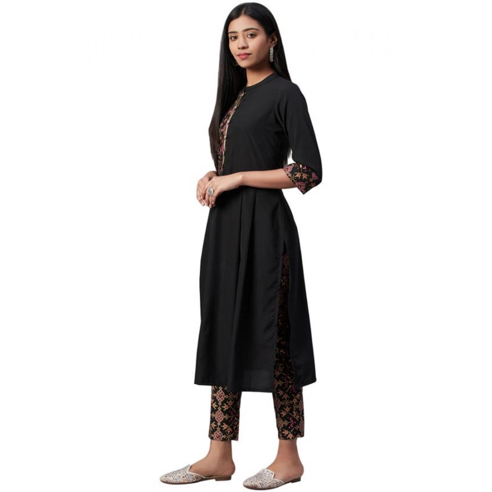 Generic Women's Casual 3-4Th Sleeve Geometric Crepe Kurti And Pant Set (Black)