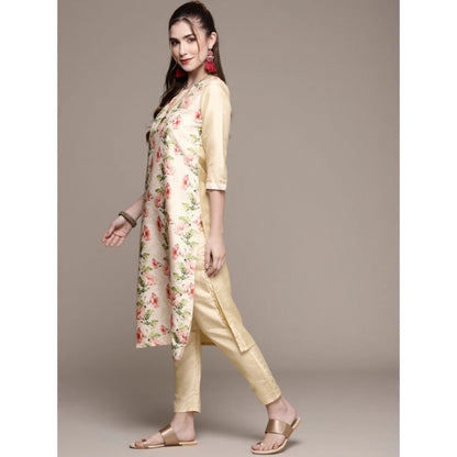 Generic Women's Casual 3-4Th Sleeve Floral Printed Poly Silk Kurti and Pant Set (Cream)