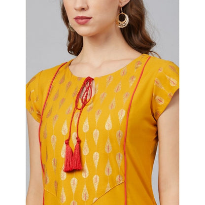 Generic Women's Casual Short Sleeves Floral Printed Rayon Kurti and Pant Set (Mustard)