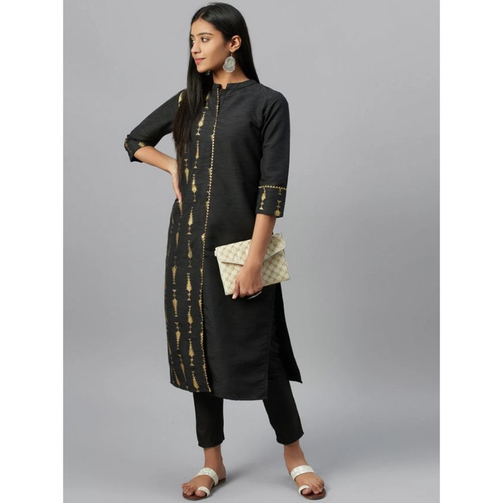 Generic Women's Casual 3-4Th Sleeve Ethnic Motifs Poly Silk Kurti and Pant Set (Black)