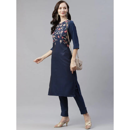 Generic Women's Casual 3-4Th Sleeve Floral Printed Rayon Kurti And Pant Set (Navy Blue)