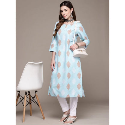 Generic Women's Casual 3-4Th Sleeve Ethnic Motifs Rayon Kurti And Pant Set (Sky Blue)